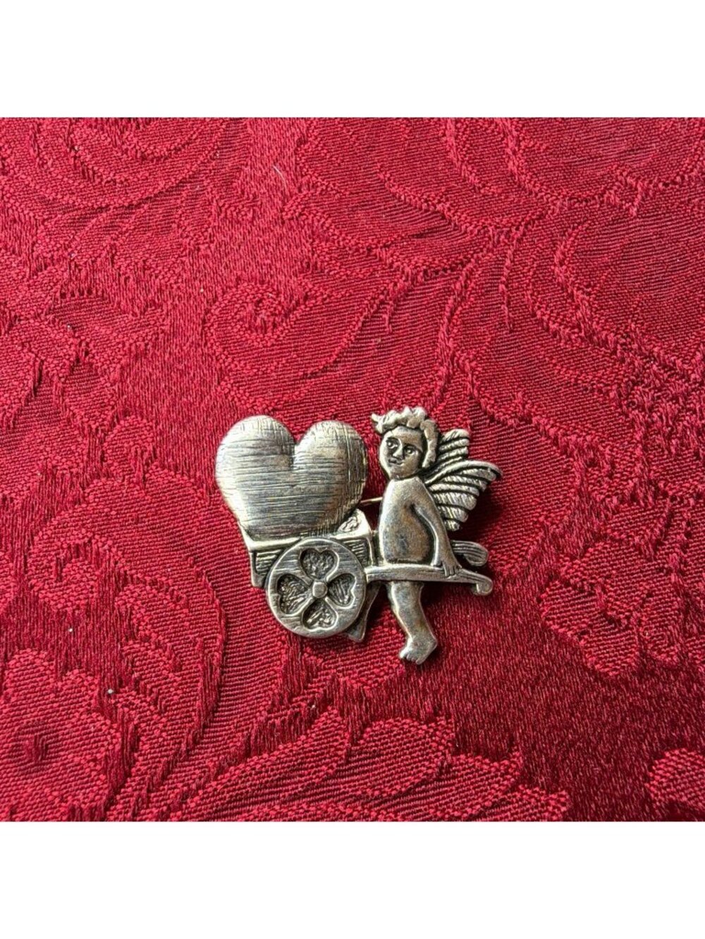 Vintage H&H Hand and Hammer Sterling Silver Cherub Cupid Heart Cart Brooch Pin